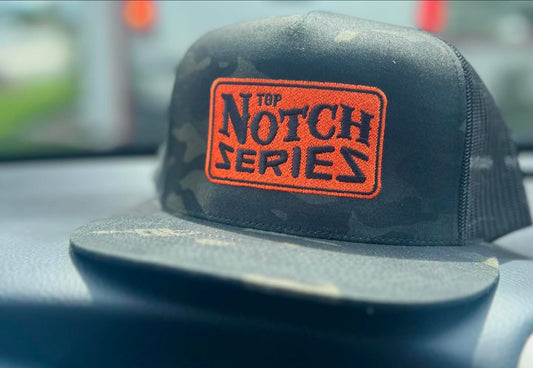 Top Notch Series TNS "Hobby Hunter" Dark Camo hat with vintage logo in Orange stitch TNS2023