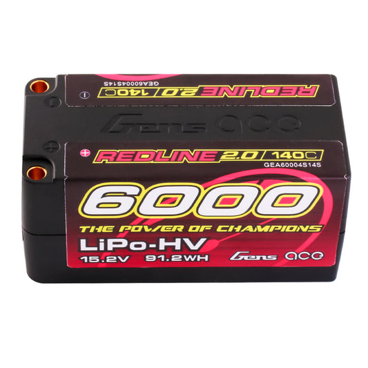 Gens ace 6000mAh 4S 15.2V 140C HardCase Shorty 69# Redline 2.0 Series Lipo Battery with 5.0mm bullet GEA60004S14S